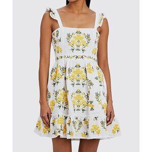 Agua Bendita Herbarium Araguanes Mini Dress Linen White Yellow Floral Print S